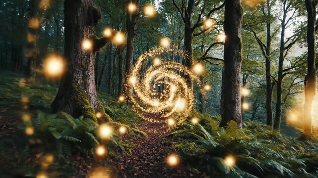 A magical glowing portal opens on a path in an enchanted forest. Moving through a fantasy gateway of swirling light particles. Journey to another dimension concept