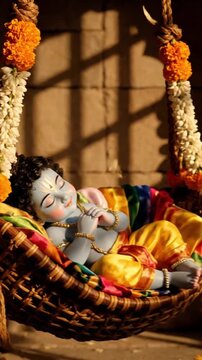 vertical peaceful baby krishna idol resting in floral swing