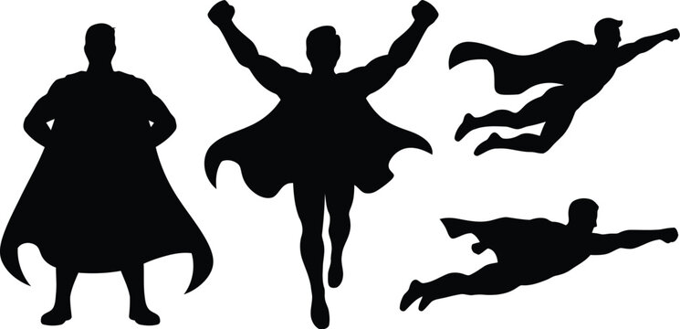  Heroic Poses Silhouettes Collection.collection of four black silhouettes depicting a heroic male figure with a flowing cape in various dynamic poses. One figure stands with hands on hips, another wit