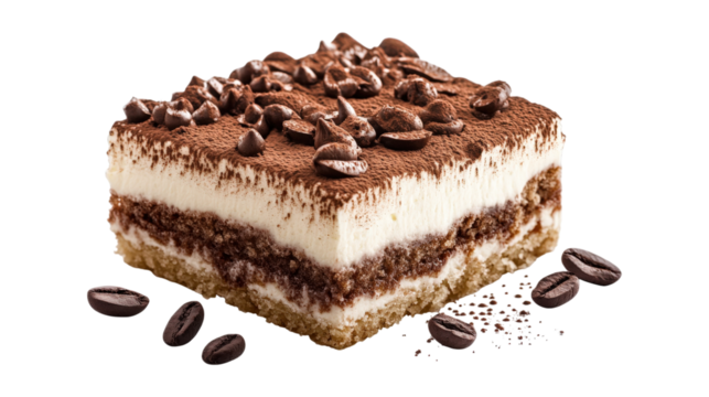 Tiramisu dessert slice with chocolate chips isolated on a transparent background