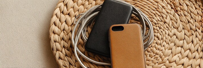 Flatlay of leather phone cases and metal cables on beige circle pattern
