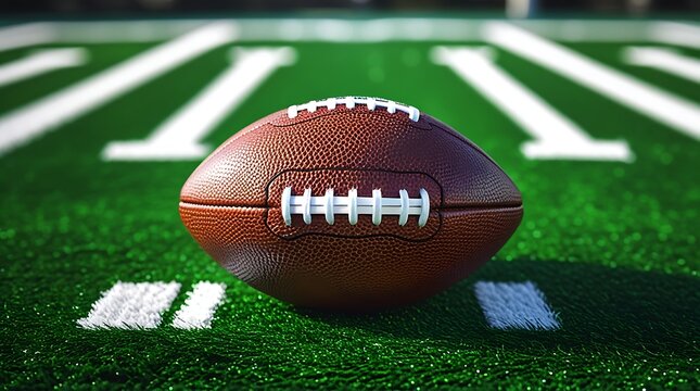 Photo of a sleek American football sitting on vibrant green artificial turf with crisp white yard lines and markings in the frame, illuminated by midday lighting with sharp contrast. - Powered by Adobe
