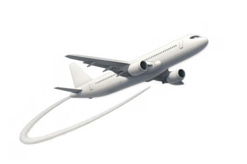White passenger airplane creating a vapor trail, flying upward on a transparent background, depicting global travel and fast delivery