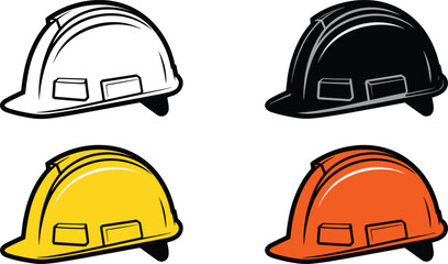 Construction hard hat vector set in multiple colors, safety helmet illustrations for industrial protection, engineering, worker equipment, and occupational safety graphics