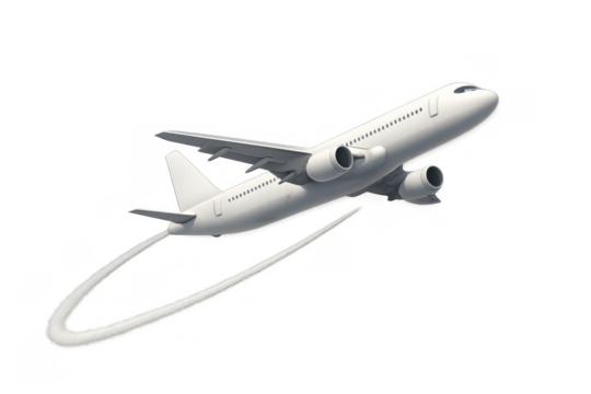 White passenger airplane creating a vapor trail, flying upward on a transparent background, depicting global travel and fast delivery