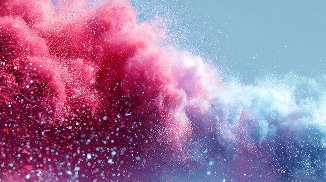 Dynamic explosion of pink and blue powder creating a visually stunning effect