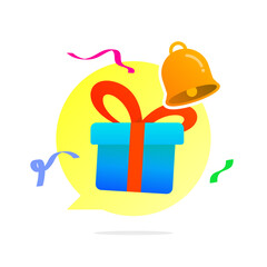 illustration of notification message featuring speech bubble, gift box, and bell icon. special offers, promo alerts, discounts, exclusive deals, sales, marketing messages, app UI pop up reminders