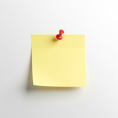 A single square yellow sticky note attached to a white background with a red pushpin isolated on white background