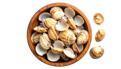 Bowl full of open clam shells with some outside