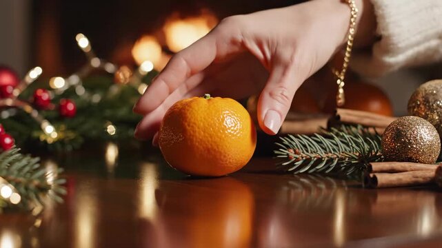 Woman's hand places a tangerine on a table with Christmas decorations. Cozy holiday scene with a fireplace in the background. Festive winter atmosphere in slow motion