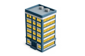 Isometric office building icon presenting urban architecture and real estate development on transparent background
