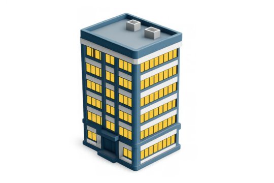 Isometric office building icon presenting urban architecture and real estate development on transparent background