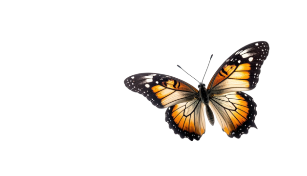 Painted butterfly with orange, white, and black pattern on wings