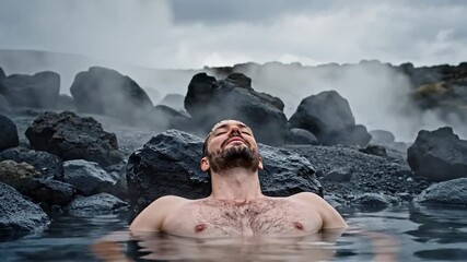 Man relaxing in hot spring, surrounded by steaming rocks, evokes calm and rejuvenation, perfect for wellness and spa themes, winter retreat vibes