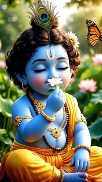 vertical baby krishna deity holding lotus flower