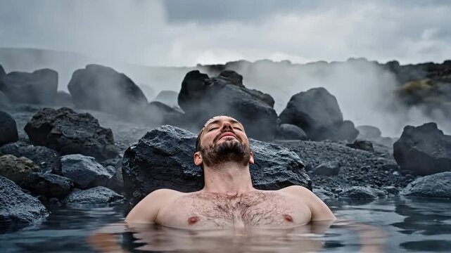 Man relaxing in hot spring, surrounded by steaming rocks, evokes calm and rejuvenation, perfect for wellness and spa themes, winter retreat vibes