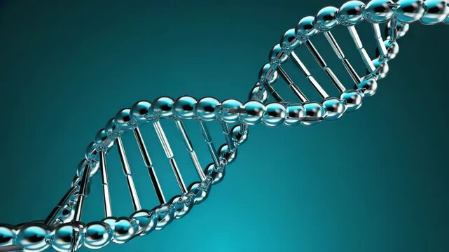 3D Rendering of a Double Helix DNA Strand on a Teal Background genetics science