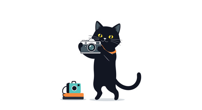 Black cat photographer taking pictures with camera equipment.