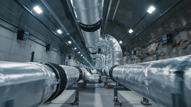 Moving through a futuristic industrial tunnel with large silver pipelines. High-tech infrastructure of a power plant or data center cooling system. Advanced engineering and technology