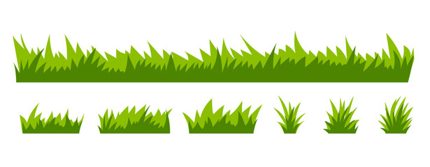 Set of flat green grass silhouette isolated on white background. Vector illustration. 