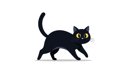 Black cat walking with yellow eyes on white background.