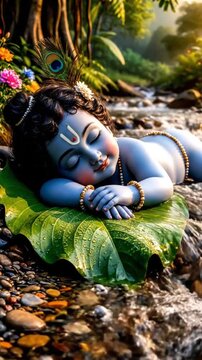 vertical baby krishna sleeping peacefully on a leaf by stream