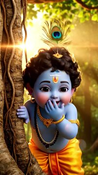 vertical playful baby krishna peeking behind tree in sunlit forest