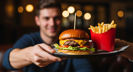 Smiling man serving delicious gourmet burger and crispy french fries on a tray