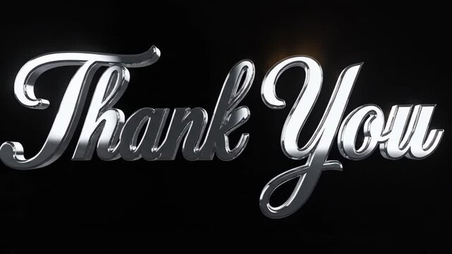 Shiny, silver 'Thank You' text on a black background, elegant and reflective.