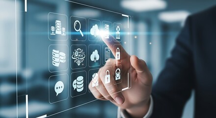 A businessman is depicted interacting with a futuristic interface, showcasing various digital icons and symbols, highlighting the integration of technology in business operations