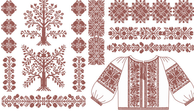 Intricate Ukrainian Vyshyvanka Embroidery Vector Elements Cross Stitch Tree of Life Floral Motifs