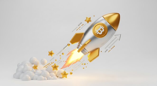 Bitcoin rocket launching into the sky, symbolizing the cryptocurrencys potential for growth and success, isolated on white background the rocket is adorned with the bitcoin logo