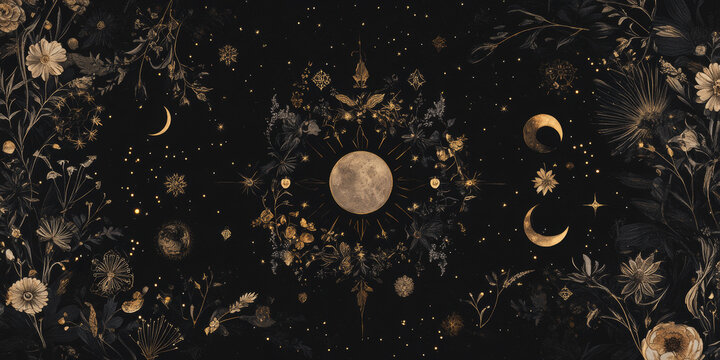 Mystical gold stars and crescents pattern on black background, astrology-themed abstract design - Powered by Adobe