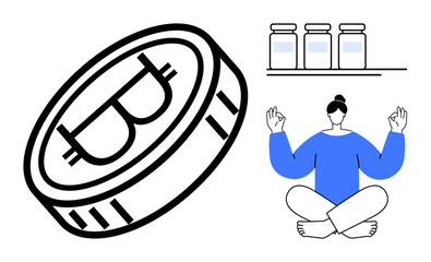 Person meditating in a seated position, cryptocurrency coin, and jars on a shelf. Ideal for finance, mindfulness, productivity, balance, minimalism health and modern digital concepts. Simple flat