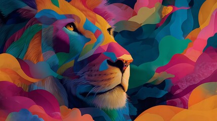 Colorful and vibrant lion portrait with a unique artistic style and design