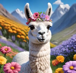 Obraz premium white cartoon llama wearing a flower wreath in the middle of a blooming mountain valley