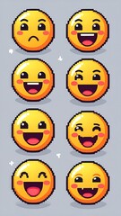 Obraz premium Pixel Art Emoji Set Expressing Various Emotions Icons for Digital Communication Yellow Smiling Faces Collection.