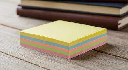 Stack of colorful sticky notes on a wooden desk with books in background