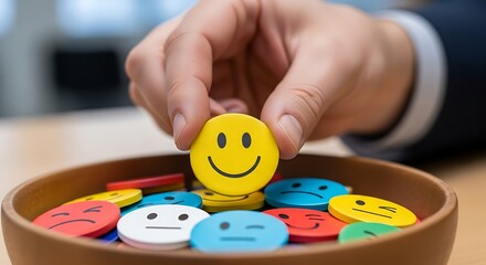 Hand Picking a Yellow Smiley Face Token from a Bowl Filled with Colorful Emotion Tokens for Mood Assessment