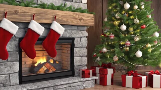 Christmas stockings hanging over a fireplace decorated Christmas tree and gifts holiday season conce