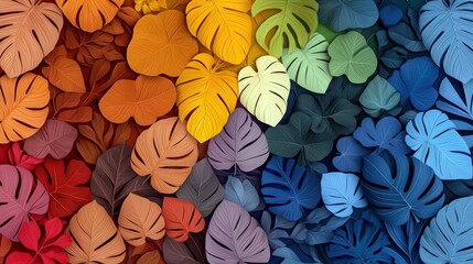 A collection of monstera leaves displayed in a spectrum of colors, from warm reds and oranges to cool blues and greens.