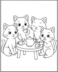 Adorable cartoon kittens having a delightful tea party, perfect for children's coloring books and whimsical designs in black and white outline style
