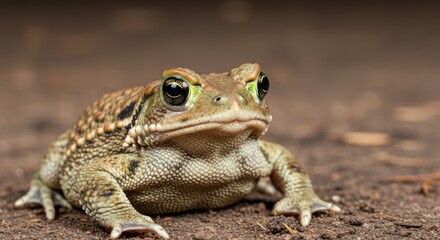 Obraz premium Close-up front view of a green and brown toad with large striking eyes and bumpy skin