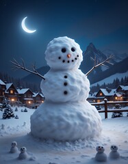 Obraz premium A cheerful snowman under a crescent moon on a snowy night snowman christmas holiday decoration winter season cute snow