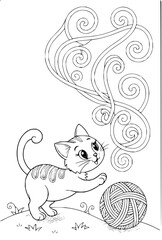 Adorable kitten playfully batting at a yarn ball with decorative swirls above, perfect for a children's coloring book page or whimsical illustration
