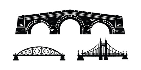 Bridge Set vector illustration, isolated black and white art, nature bridge pack, landmark, Fantasy bridge collection