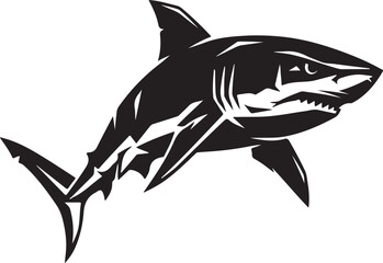 Obraz premium Black shark silhouette drawn with sharp aggressive angular cuts, dynamic action shape, white background.