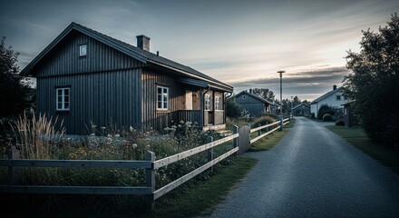 Obraz premium A quaint wooden house with a fence and a road, captured during the dusk hours.