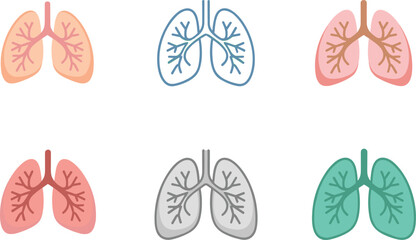 Colorful lung illustrations set, medical organ anatomy icons, respiratory system graphics for healthcare, pulmonology, biology education, and wellness designs.