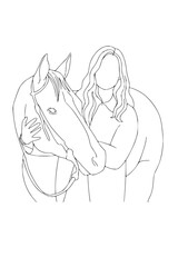 Elegant line art of a woman lovingly embracing her horse, a timeless design suitable for equestrian themes, lifestyle branding, and heartfelt personal projects